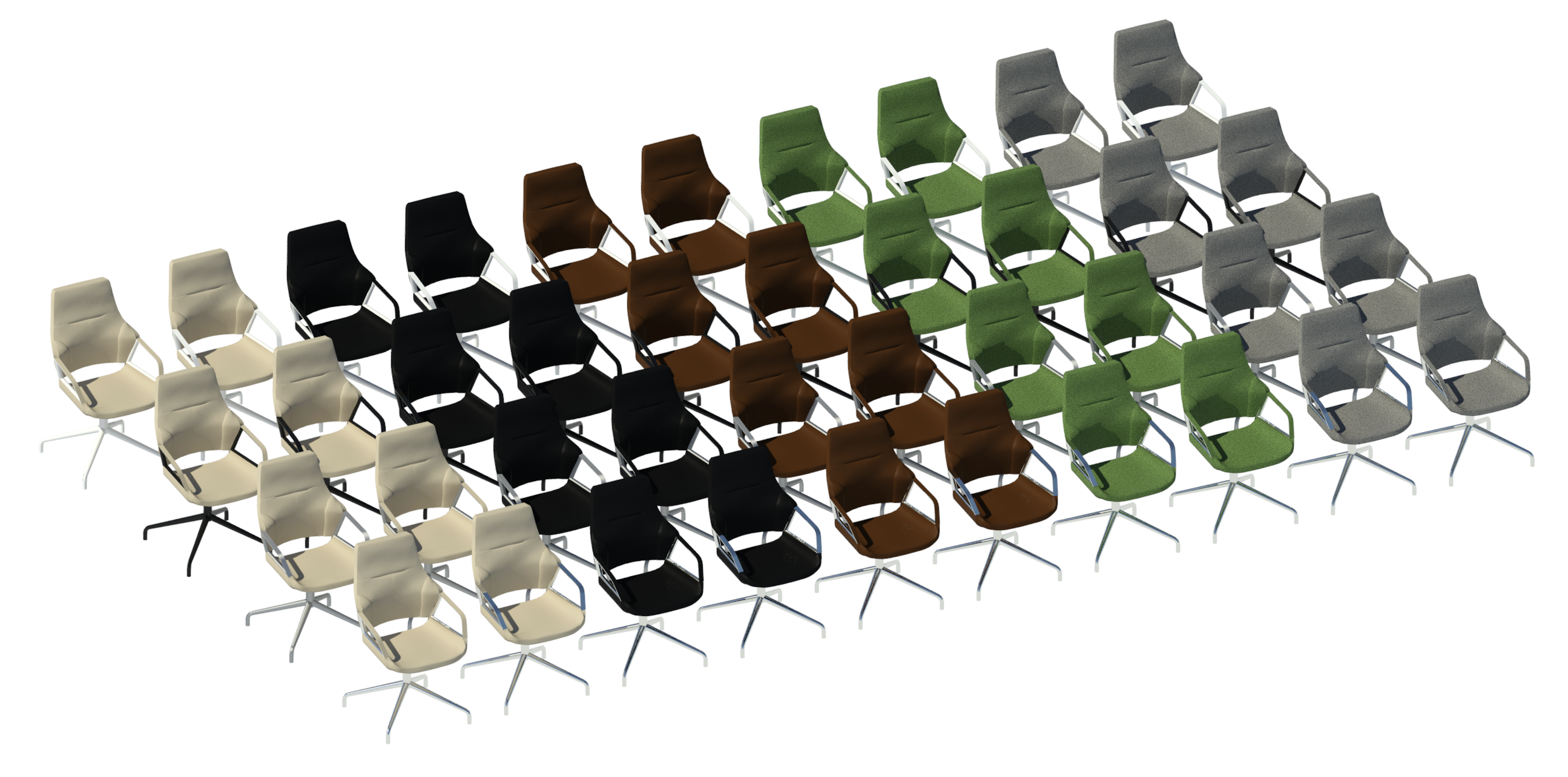 Raytrace showing all 40 types of our rebuilt Graph chair Revit family.